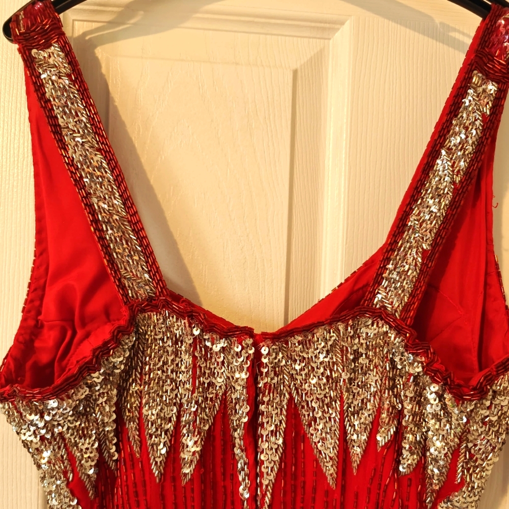 100% Hand Beaded Red Gown With Slit - Picture 7 of 12